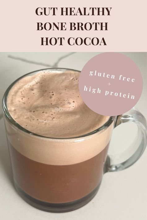 This easy healthy viral bone broth hot cocoa is gluten free, lower sugar, high protein, paleo, paleo friendly, can be dairy free, refined sugar free. In a tall clear glass mug is freshly blended and frothed hot cocoa. The bottom layer is a thick rich chocolatey drink that looks like smooth chocolate. The top layer is pure foam a light brown color freshly frothed. Nourishing Hot Chocolate, Bone Broth Hot Cocoa Recipe, Bone Broth Cocoa, Whole 30 Hot Chocolate, Protein Powder Hot Chocolate, Bone Broth Hot Cocoa, Hot Chocolate Bone Broth, Bone Broth Hot Chocolate Recipe, High Protein Drink Recipes