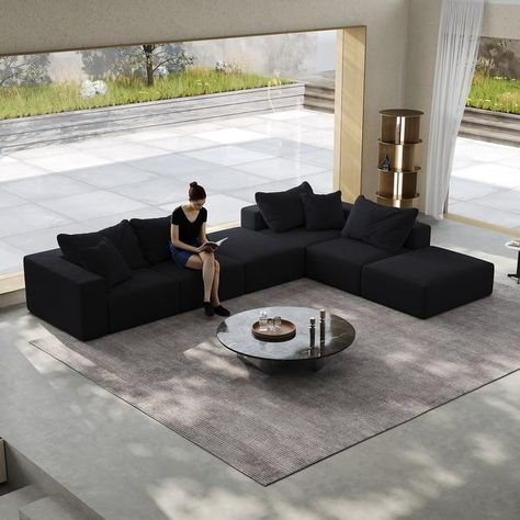 Oversized 162" Black Chenille Sectional Sofa with 6 Pillows, L-Shaped Modular Free Combination Couch Set for Livingroom - 6-Seat - Bed Bath & Beyond - 41527712 Modular Sofa Bed, Black Sectional, Foam Sofa, Living Room Sofa Set, Timeless Chic, Couch Set, Sectional Sofa Couch, Stylish Living Room, Upholstered Sectional