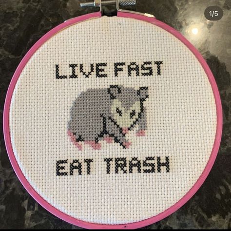 Fun Cross Stitch Patterns, Cross Stitch Black Background, Possum Embroidery Pattern, Possum Alpha Pattern, Opossum Cross Stitch, Silly Cross Stitch Pattern, Raccoon Cross Stitch Pattern Free, Possum Cross Stitch, Possum Cross Stitch Patterns