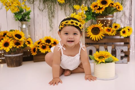 Sunflower Cake Smash, Sunflower 1st Birthday Photoshoot, Sunflower Smash Cake, Sunflower 6 Month Pictures, One Year Old Sunflower Birthday, Sunflower One Year Old Pictures, Toddler Sunflower Photoshoot, Sunflower Kids Photoshoot, Bee Themed Birthday Party