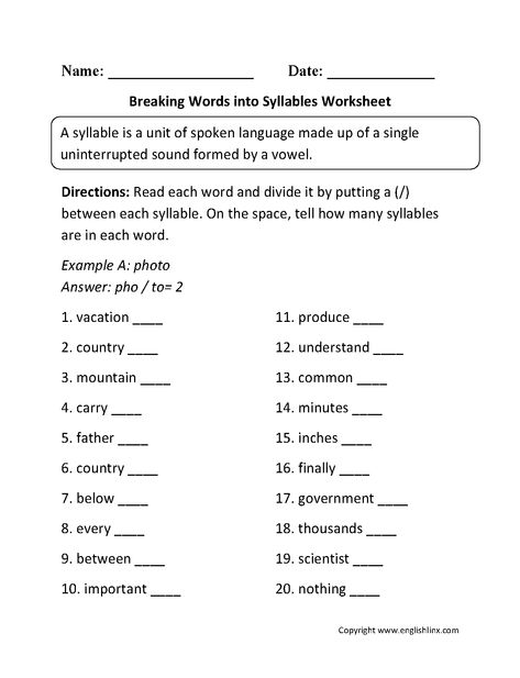 Breaking Words into Syllables Worksheets Syllable Division Worksheets, Syllabication Worksheets, Syllables Worksheet, Dividing Syllables, Phonics Worksheets Grade 1, Teaching Syllables, Decoding Multisyllabic Words, Number Words Worksheets, Singular Plural