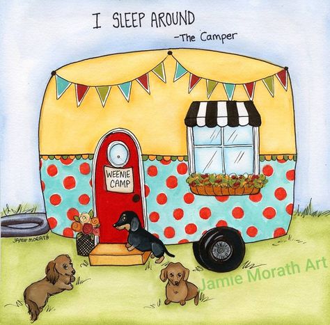 I Sleep Around - the camper, dachshund camping, weenie camp, vintage camper, retro, turquoise, red, doxie, dog art print Dachshund Camping, Camper Vintage, Doxie Dog, Camper Art, Dog Print Art, Dog Wall Art, Watercolor Dog, Grand Art, Vintage Camper