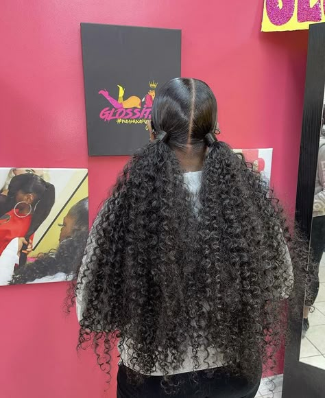 Curly Wig Hairstyles Black Women Two Ponytails, Curly Ponytail Styles, 2 Curly Pigtails With Weave, Twin Hairstyles, Two Curly Ponytails, Black And Blue Ponytail, Cute Barbie Ponytails For Black Women, Two Pigtails Half Up Half Down Wig, Two Half Up Pigtails Curly Hair