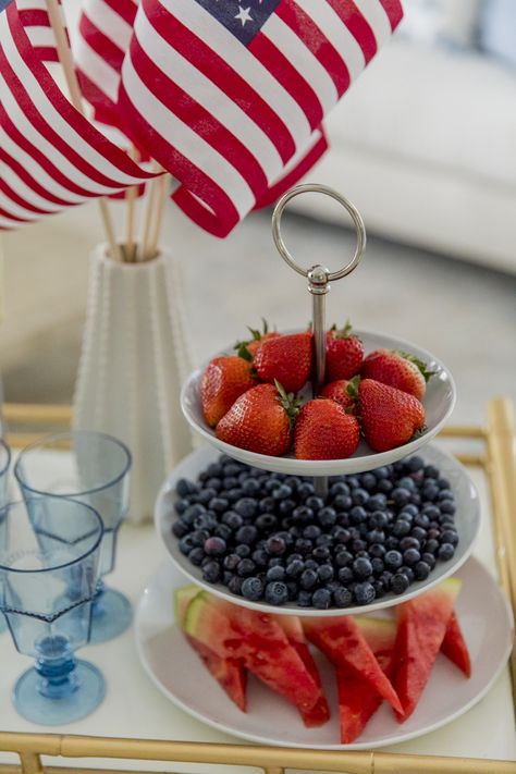 Blue Bar Cart, Fourth Of July Ideas, Bar Cart Essentials, Fruit Board, Fourth Of July Celebration, Fashionable Hostess, American Bar, American Party, Cart Ideas