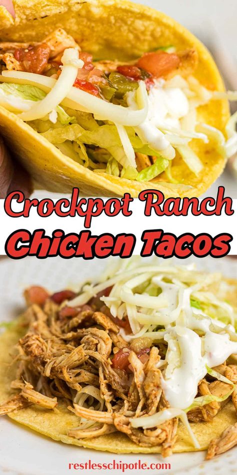 It takes just 4 ingredients to whip up these easy Crockpot Ranch Chicken Tacos! Just toss chicken breasts or thighs in the slow cooker with taco and Ranch seasonings, and let it do its magic. You’ll end up with a flavorful, drool-worthy dish that's perfect for those busy days and casual weekends. Plus, it freezes like a dream and is awesome for meal prepping! Ranch Chicken Tacos Crockpot, Chicken Ranch Tacos Crockpot, Crockpot Chicken Quesadilla, Chicken Tacos Crockpot Easy, Cool Ranch Chicken Tacos, Crockpot Chicken Recipes Mexican, Ranch Crockpot Chicken, Crockpot Taco Chicken, Crockpot Ranch Chicken Tacos