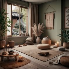 Relaxation Space Ideas, Japandi Meditation Room, Zen Home Decor Ideas, Zen Corner Living Room, Zen Area Ideas, Therapy Aesthetic Room, Boho Zen Room, Yoga Guest Room, Japandi Studio