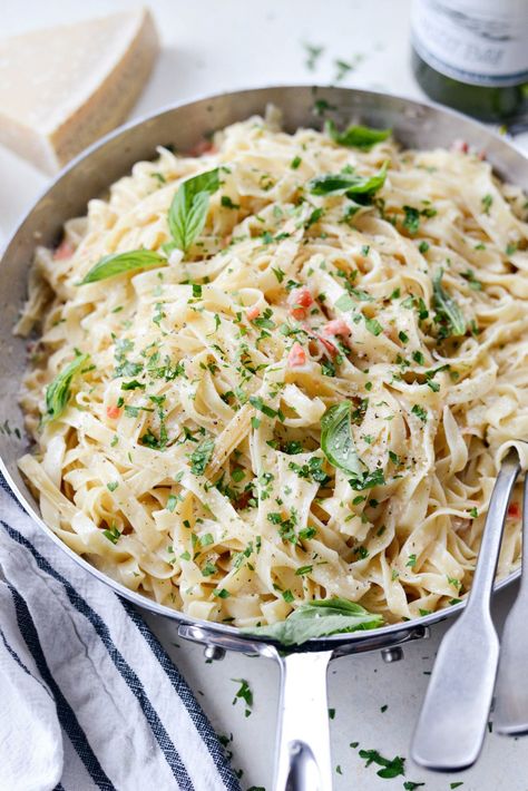 Really nice recipes. Every hour. — Christmas Fettuccine  Follow for recipes  Get your... Christmas Fettucine, Christmas Fettuccine Recipe, Christmas Fettuccine, Pasta Basil, Fettuccini Noodles, Wine Cream Sauce, White Wine Cream Sauce, Fettuccine Recipes, Fettuccine Noodles