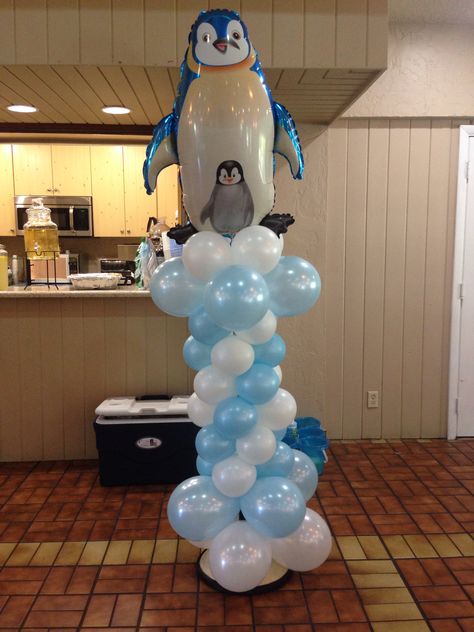 Penguin balloon column Penguin Balloon, Prince Room, Polar Bear Party, Penguin Birthday Party, Penguin Birthday, Penguins And Polar Bears, Balloon Ideas, Bear Party, Balloon Columns