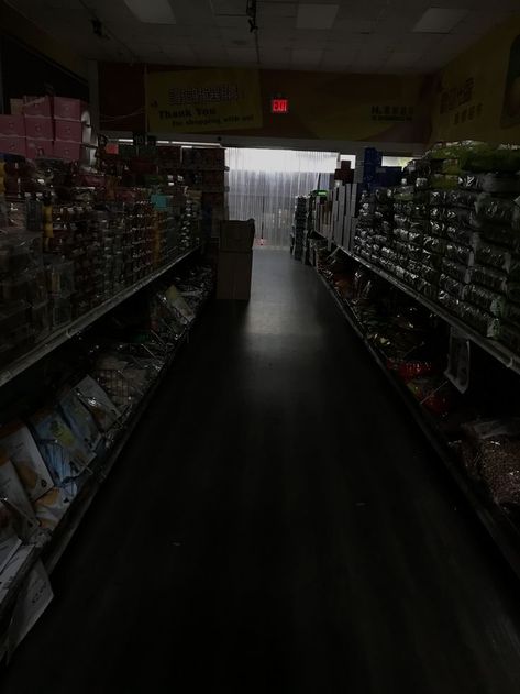 Dark Apocalypse, Dark Mall Aesthetic, Creepy Grocery Store, Supermarket Aesthetic, Supermarket At Night, Grocery Store Aesthetic, Convience Store Aesthetic Night, Abandoned Grocery Store, Dark Grocery Store Aesthetic