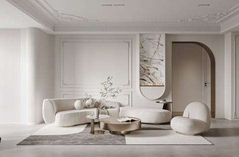 White Neoclassical Interior, Modern Classic Living Room Ideas, Interior Accessories Decor Ideas, Modern Neoclassical Interior Living Room, Newclassic Interiordesign, Minimal Classic Interior, Neo Classic Interior Design Living Rooms, Neoclassic Living Room Design, Neoclassical Interior Design Living Room