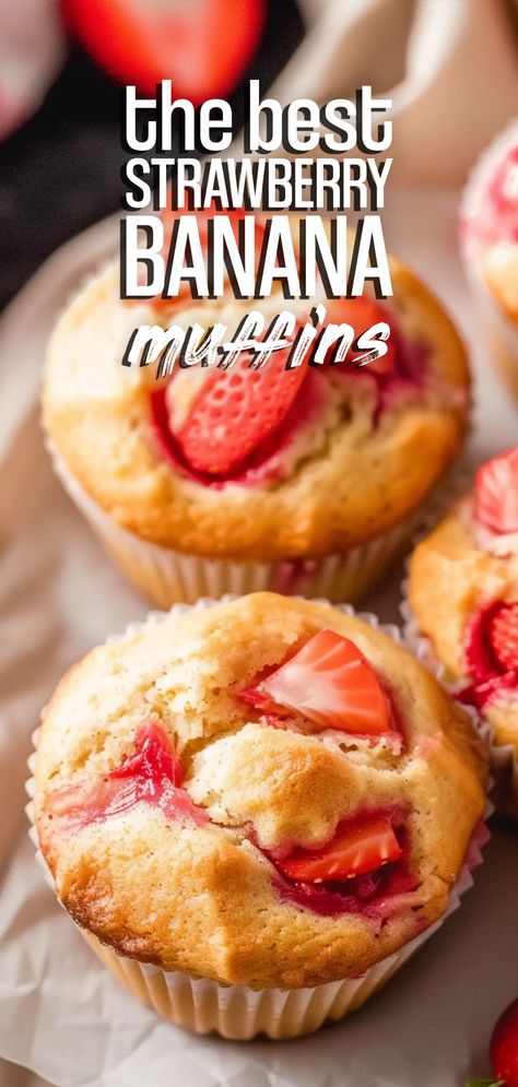 Strawberry Muffins Recipes, Banana Muffins Recipe Easy, Banana Strawberry Muffins, Steel Cut Oat Muffins, Strawberry Banana Recipes, Strawberry Muffins Easy, Strawberry Banana Muffins, Strawberry Muffin Recipes, Banana Muffins Recipe