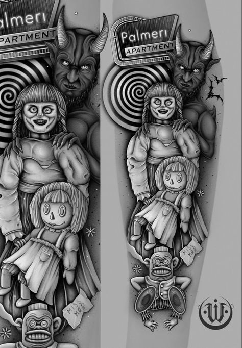 Annabelle creation movie tattoo design art Horror Drawing Tattoo, Conjuring Tattoo Ideas, Annabelle Tattoo Design, Annabelle Doll Drawing, Insidious Tattoo, The Conjuring Tattoo, Horror Movie Sketches, Annabelle Drawing, Conjuring Tattoo