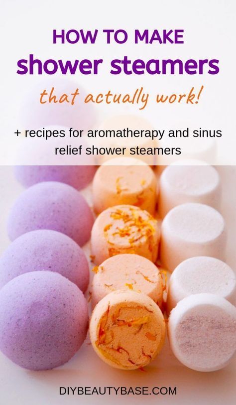 This tutorial shows you how to make DIY shower steamers that are strong enough to provide the benefits their supposed to. It covers both, aromatherapy shower steamer recipe with essential oils and a recipe that will help you clear your sinuses. #showersteamers #showermelts #essentialoilrecipes #essentialoils Shower Steamer Recipe, Shower Steamers Diy, Joululahjat Diy, Shower Melts, Săpunuri Handmade, Sinus Relief, Bomb Recipes, Bath Stuff, Bath Bomb Recipes