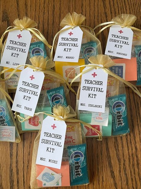 ASSEMBLED Teacher Survival Kit, Teacher Appreciation Gift, Teacher Survival Bag, Teacher Survival Kit, Student Favor Bags, School Survival #thriftyfrugalmom #teachergift #teacherappreciation #cheapgifts #teacher #create #students #gifts. Go for more info 👉https://whispers-in-the-wind.com/top-10-graduation-gift-ideas/?teacher470 Back To School Treat Bags For Teachers, Teacher Mailbox Treats, Back To School Team Gifts, Small Teacher Gift Ideas, Welcome Back Gifts For Teachers, Diy Back To School Teacher Gifts, Teacher Gifts From Administration, Teacher Self Care Kit, Back To School Gift For Teachers