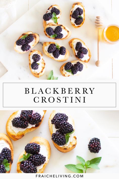 A few simple ingredients come together here to create and elegant and fun appetizer or snack that anyone is sure to love! #appetizer #crostini #blackberry #holidayappetizer Blackberry Snacks, Brie And Blackberry Appetizer, Blackberry Appetizers, Cream Cheese Crostini, Brie Blackberry Appetizer, Burrata Crostini Appetizers, Crostini Appetizers Fig Jam, Blackberry Crostini, Endive Appetizers