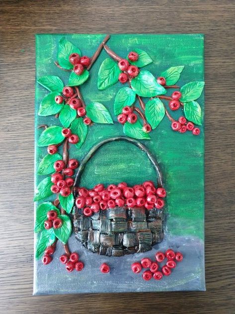 Painting With Modeling Clay, Air Dry Clay Art On Canvas, Air Dry Clay Art Ideas On Canvas, Clay Art On Canvas Easy, Air Dry Clay Painting On Canvas, Clay Wall Art Air Dry On Canvas, Air Dry Clay Canvas, Clay Fruit Basket, Air Dry Clay Canvas Art