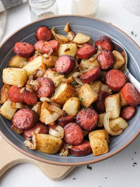 Air Fryer Sausage and Potatoes - Simply Air Fryer Air Fryer Sausage And Potatoes, Crispy Sausage, Fried Red Potatoes, Smoked Sausage And Potato Recipe, Gold Potato Recipes, Potatoes In The Air Fryer, Air Fryer Meat, Air Fryer Sausage, Frozen Lunches