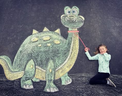 Dinosaur Sidewalk Chalk Art Sidewalk Chalk Photos, Chalk Inspiration, Chalk Pictures, Chalk Photos, Fun Chalk Art, Quarantine Activities, Park Party, Side Walk, Toddler Pictures