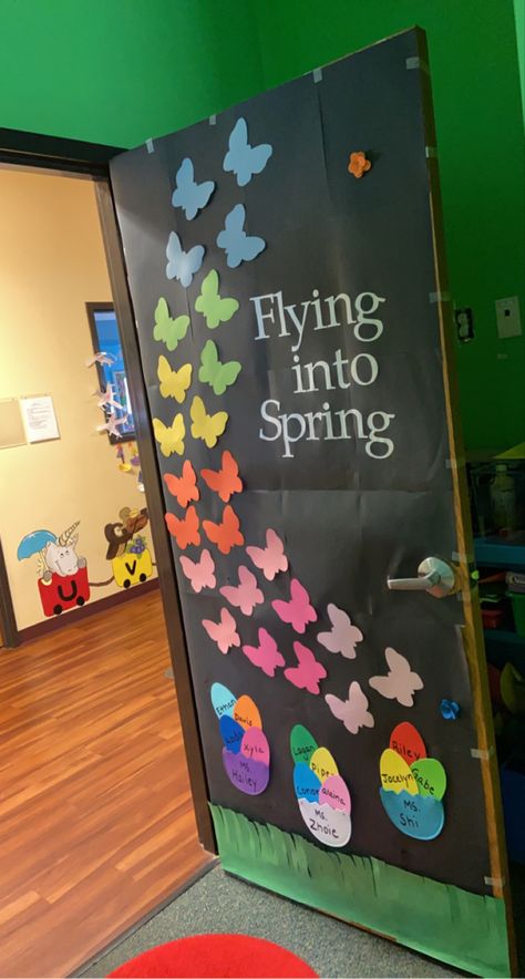 Classroom Door Decoration Ideas Spring, April Theme Classroom Door, Spring Doors For Toddler Room, Spring Time Classroom Door, April Preschool Door Ideas, Classroom Spring Door Decorations, Spring Classroom Door Ideas For Toddlers, Spring Themed Classroom Doors, Spring Infant Classroom Door