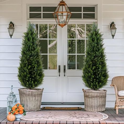 Grooy Artificial Cedar Trees, 4FT Tall Faux Tree Potted Plants with Trunk 48in Fake Cypress Tree for Indoor Outdoor Front Porch Garden Decor-2pack Cedar Plant, Cyprus Trees, Front Door Plants, Porch Trees, Front Porch Garden, Outdoor Topiary, Outdoor Trees, Topiary Trees, Christmas Porch Decor