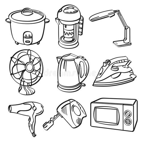 Home Electric Appliances vector illustration Hair Appliance Storage, Types Of Pencils, Comic Book Art Style, Object Drawing, Embroidery Template, Electric House, Electrical Appliances, How To Clean Furniture, Hand Art Drawing