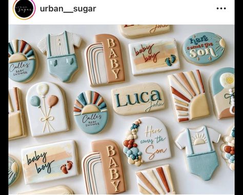 Here Comes The Son Desserts, Here Comes The Sun Cookies, Here Comes The Sun Baby Shower Cookies, Here Comes The Son Baby Shower Food, Sunshine Baby Shower Cookies, Here Comes The Sun Cookies Decorated, Baby Boy Cookies, Babby Shower, Retro Baby Showers