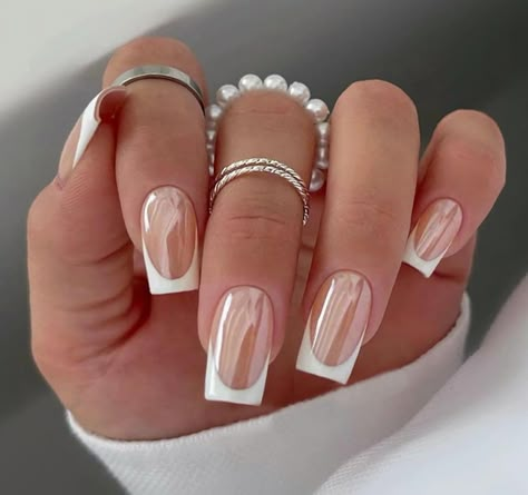 Nails Mirror, French Manicure Nail Designs, Nails Medium Square, French Press On Nails, Chrome French, Nails With White, White Tip Nails, Chrome Nails Designs, Salon Nails