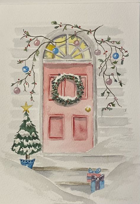 House Watercolor Illustration, Christmas Card Art Drawing, Christmas Cards Embroidery, Christmas Decor Drawing, Xmas Sketches, Christmas Watercolor Paintings, Christmas Watercolours, Watercolour Houses, Watercolor Christmas Art