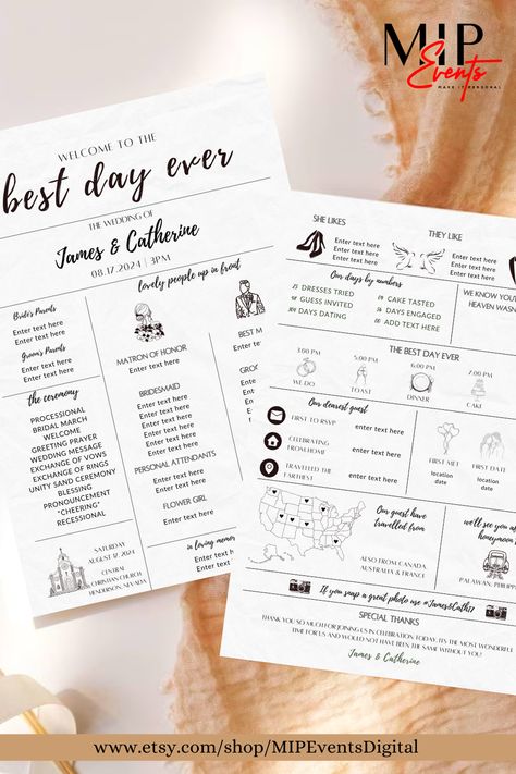 MIP Digital provides this PRINTABLE Infographic wedding program template features a simple minimalist design. This template can be accessed through Corjl; an online editor where you can edit without downloading any additional software or fonts. You will receive an email from Corjl just moments after purchase to edit your template. ⬇️TRY THE DEMO BEFORE PURCHASE https://www.corjl.com/d/21O75H Fun Wedding Program, Wedding Programs Funny, Fun Wedding Programs, Wedding Ceremony Programs Template, Wedding Timeline Template, Program Wedding, Wedding Infographic, Unique Wedding Programs, Timeline Template