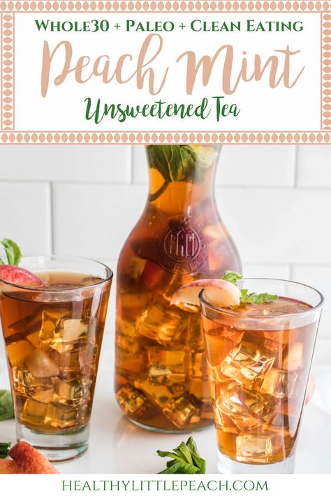 A refreshing and light unsweetened peach mint iced tea that is perfect for summer. #paleo #whole30 #drinks #tea #drinkrecipes #unsweetenedtea #peachtea #peaches #mint #paleodrinks #whole30drinks Peach Mint Tea, Whole30 Drinks, Whole 30 Drinks, Paleo Beverages, Peach Healthy, Peach Tea Recipe, Unsweetened Iced Tea, Drinks Healthy, Paleo Drinks