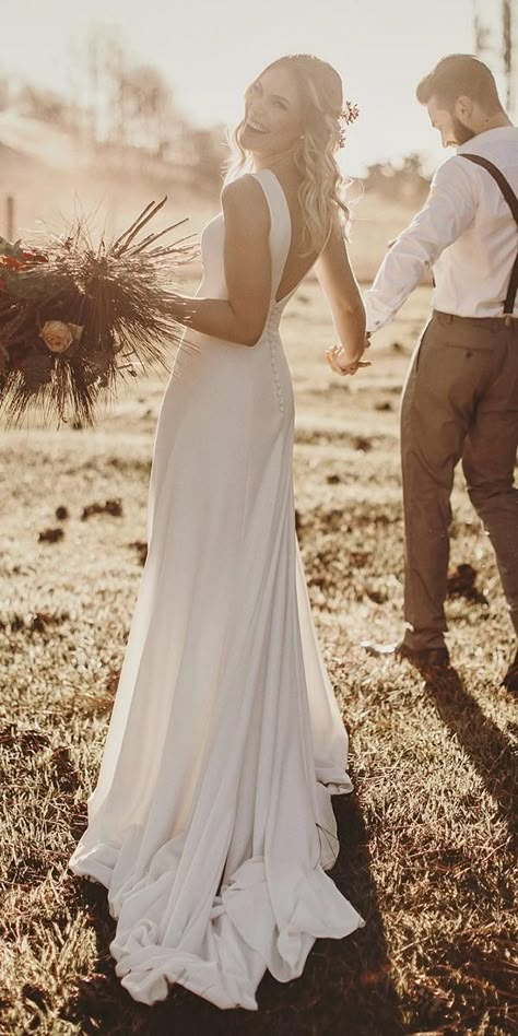 Cream A Line Wedding Dress, Wedding Dresses Simple Country, Low Back Bridal Gown, Bridal Luncheon Outfit Guest Winter, Crepe Satin Wedding Dress, Simple Lace Wedding Dress Vintage, Simple Wedding Dress Summer, Vintage Elegant Wedding Dress, Wedding Dresses Small Bust