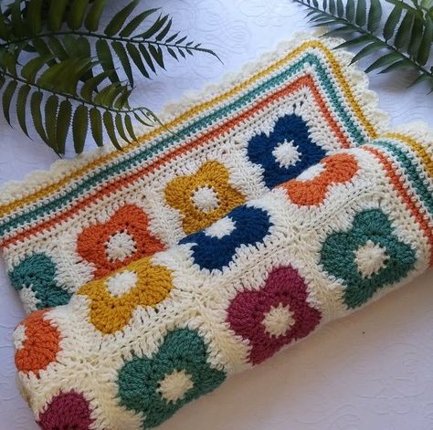 Crochet Afghan Patterns: Handmade Comfort for Your Family and Friends Crochet Flower Color Combinations, Crochet Retro Flower, Retro Flower Crochet, Flower Granny Square Blanket, Raspberry Mustard, Colorful Crochet Blanket, Flower Granny Square Pattern, Blanket Border, Unique Crochet Blanket