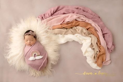 Boho Rainbow Newborn Photography, Rainbow Baby Newborn Pictures, Rainbow Newborn Photography, Family Studio Pictures, Rainbow Baby Maternity Pictures, Rainbow Baby Photoshoot, Monthly Photoshoot Ideas, Girl Posed, Rainbow Baby Photography