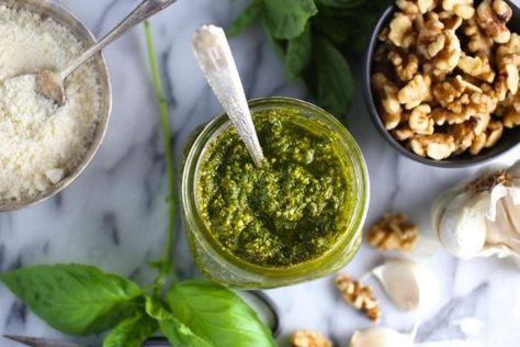 Basil Pesto with Walnuts and Pecorino - Nerds with Knives Best Pesto Recipe, Best Pesto, Ramp Pesto, Wild Garlic Pesto, Pesto Vegan, Basil Pesto Recipes, Pesto Recipes, Sauce Pesto, Green Pesto