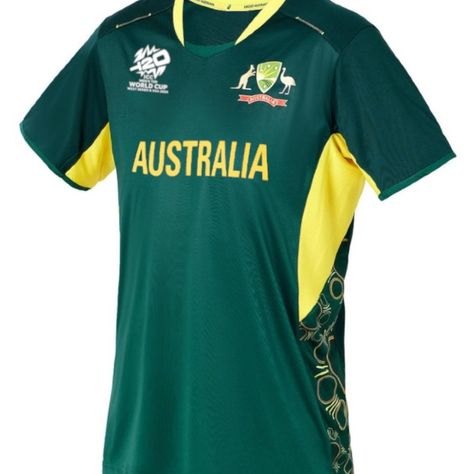 Show your support for the Australian cricket team with this official T-20 World Cup jersey. Made with high-quality materials, this jersey is designed for both comfort and style, perfect for cheering on your favorite team during the tournament. The iconic green and gold colors of Australia are proudly displayed on this jersey, making it a must-have for any cricket fan. Get yours today and be ready to show your Aussie pride! Australian Cricket Team, Cricket Jersey, World Cup Jerseys, Champions Trophy, Gold Colors, Cricket Team, Be Ready, Favorite Team, Green And Gold