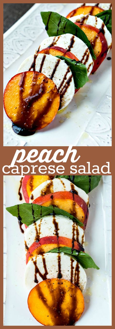 Peach Caprese Salad – Sweet, juicy peaches are layered with fresh mozzarella and fresh basil and then drizzled with balsamic glaze and olive oil. #recipe #peaches #caprese #salad #mozzarella #basil #summer Salad Mozzarella, Peach Caprese Salad, Peach Caprese, Recipes Tuna, Healthy Taco, Crab Salad Recipe, Fish Salad, Tuna Fish, Best Salad Recipes