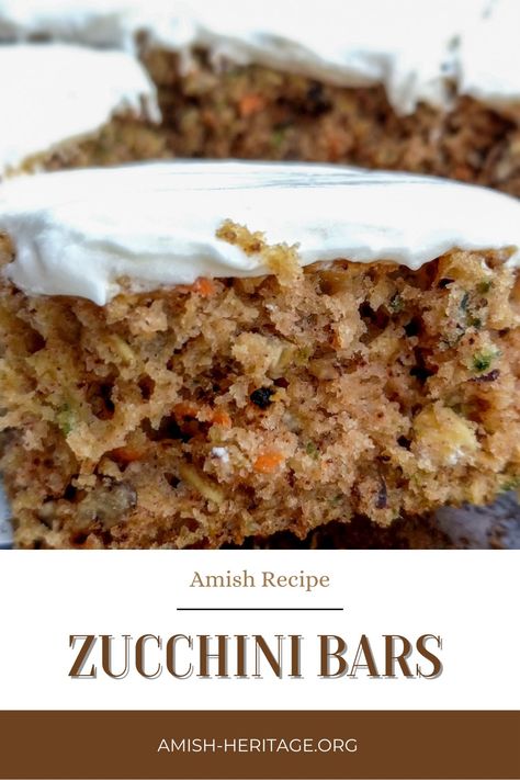 A couple of zucchini bars topped with cream cheese frosting Zucchini Bars Cream Cheese Frosting, Zucchini Granola Bars, Frosted Zucchini Brownies, Amish Zucchini Recipes, Healthy Zucchini Bars, Zucchini Bar Recipes, Zucchini Bars With Brown Butter Frosting, Zucchini Bars Recipes Easy, Ways To Use Up Zucchini