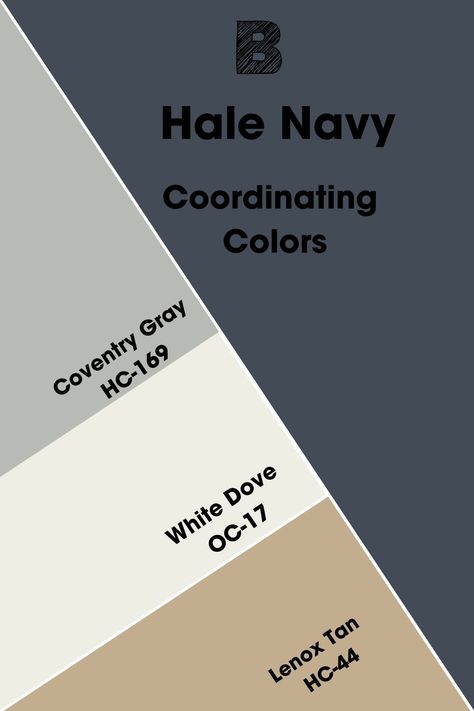 Sometimes, you see colors that don’t seem to match perform excellently when paired in a room. They may complement each other in more ways than one because of underlying similarities lost to the untrained eye. Coventry Gray, White Dove, and Lenox Tan are some of Hale Navy’s coordinating colors. Hale Navy Coordinating Colors Exterior, Hale Navy And Agreeable Gray, Paint Colors That Go With Navy Cabinets, Hale Navy Room, Colours That Go With Navy, Front Room Paint Colors, Colors That Go With Hale Navy, Navy Blue Matching Colors, Navy Coordinating Colors