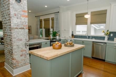 Kitchen Makeovers From Your Favorite HGTV Shows | HGTV Home Town Hgtv, Hgtv Kitchens, Sage Green Kitchen, Green Kitchen Cabinets, Neutral Kitchen, Green Cabinets, Italian Kitchen, Kitchen Cabinet Colors, Stunning Kitchens