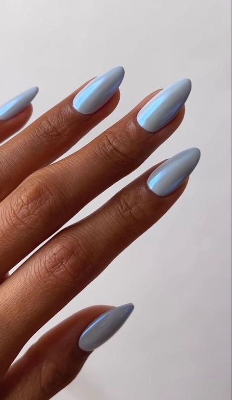 Aesthetic Nails Color, Simple Nails Crome, Baby Blue Glazed Nails, Light Blue Chrome Nails Designs, Blue Chrome Powder Nails, Pastel Blue Chrome Nails, Sky Blue Chrome Nails, Gel Nails With Designs, Blue Glazed Nails