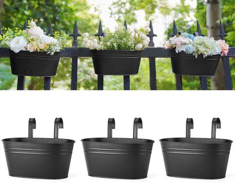 Dahey Metal Iron Hanging Flower Pots for Railing Fence Hanging Bucket Pots Countryside Style Window Flower Plant Holder with Balcony Hanging Planter, Railing Planter Boxes, Balcony Railing Planters, Deck Railing Planters, Garden Railings, Metal Wall Planters, Fence Planters, Balcony Planters, Railing Planters