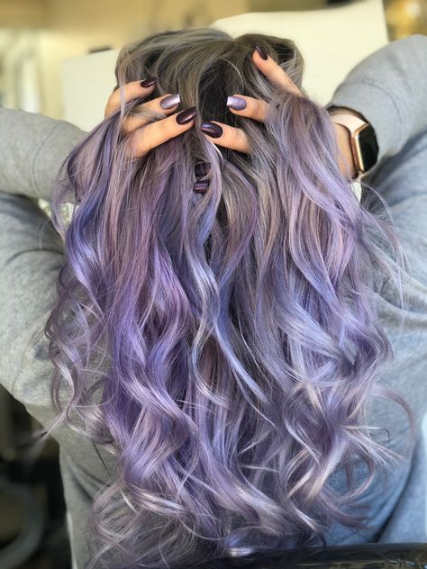 Lavender Hair With Shadow Root, Lavender Grey Highlights, Purple Silver Hair Ombre, Smoky Lavender Hair, Lavender Hair Dark Roots, Hair Color For Grey Hair, Lavender Gray Hair, Purple And Grey Hair, Color For Grey Hair