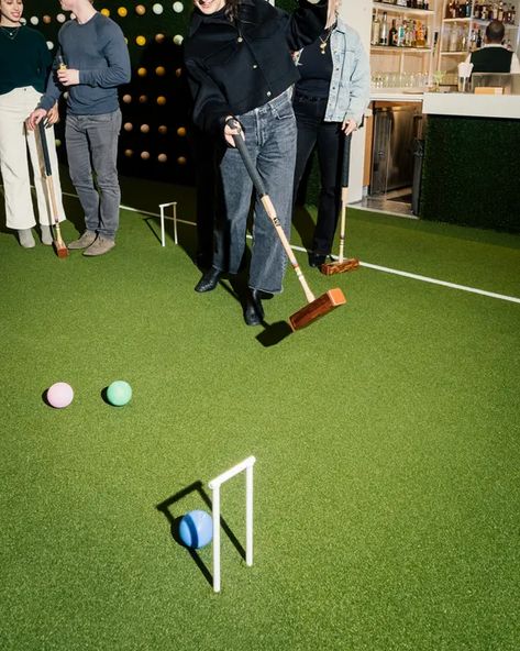 Lawn Club Opens With Croquet and Cocktails in NYC Cornhole Photoshoot, Croquet Photoshoot, Indoor Croquet, Croquet Sport, Bull Shot, Lawn Croquet, Vintage Croquet Set Decor, Croquet Set, Lawn Party