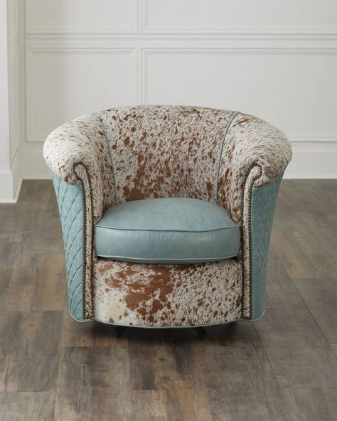 Old Hickory Tannery Aislinn Hairhide & Leather Swivel Chair | Horchow Cowgirl Essentials, Southwestern Chairs, Farmhouse Western, Western House, Southwest Furniture, Cowhide Decor, Western Living Room, Cowhide Chair, Airbnb Ideas