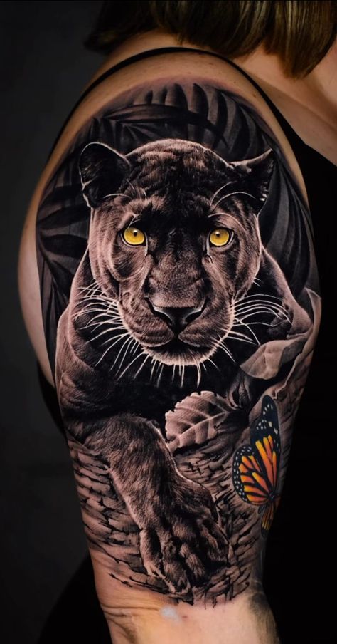 Panther Tattoo Thigh, Puma Tattoo Men, Jaguar Tattoo Men, Big Cat Tattoos, Panther Tattoo Realistic, Jungle Sleeve, Tigres Tattoo, Cover Up Tattoos For Men Arm, Puma Tattoo