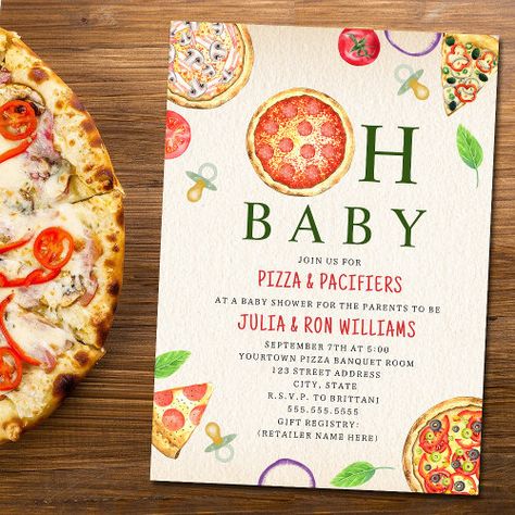 Oh Baby Pizza Pacifiers Baby Shower Invitation #zazzle #weddinginvitations #birthdayinvitations #babyshowerinvitations #zazzleinvitations #monogram #businesscards #graduation #homedecor Pizza Party Themes, Baby Pizza, Bebe Shower, Baby Shower Napkins, Coed Baby Shower, Pizza Party, Oh Baby, Baby Time, Everything Baby