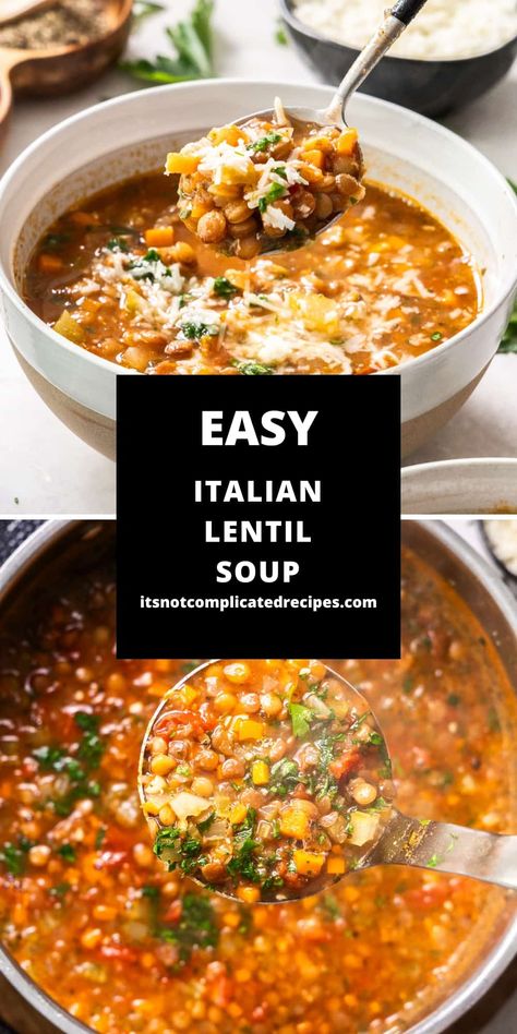 This Italian Lentil Soup (Zuppa di Lenticchie) is hearty, nourishing, and easy to make. It is a recipe that you will frequently turn to because it contains simple ingredients you may already have on hand. With protein-rich lentils, traditional Italian herbs and vegetables, it is nutritious and comforting, as well as being budget friendly. Just add some crusty bread, and you have a satisfying meal! Italian Lentil Soup Recipe, Italian Lentil Soup, Best Lentil Soup Recipe, Italian Herbs, Cookies Gluten Free, Lentil Soup Recipes, Lentil Recipes, Easy Soups, Easy Soup Recipes