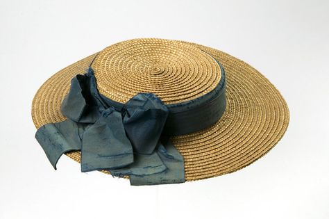 1870 Girl's Hat Culture: English Medium: straw, silk Girl's straw hat trimmed with a band and bow of blue silk ribbon. Blue Silk Ribbon, Edwardian Hat, 1870s Fashion, Straw Boater, Anne With An E, Bonnet Hat, Century Clothing, Historical Costume, Victoria And Albert