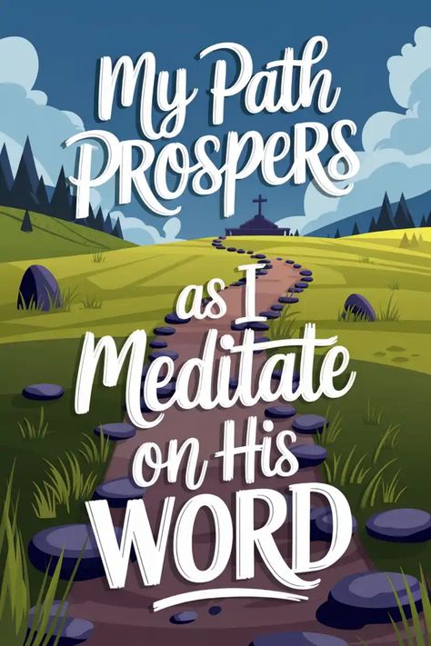 "My Path Prospers as I Meditate on His Word" written over a scenic landscape with a path leading to a cross on a hill. Day And Night Drawing, Scripture Guide, Night Drawing, Christian Meditation, The Whispers, Christian Prayers, Find Peace, Scripture Art, Christian Inspiration