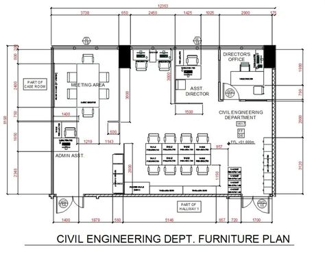 Civil Engineer Department Furniture Plan AutoCAD File - Cadbull Civil Engineering Plates Drawing, Civil Engineering Plates, Engineering Plates, Engineer Office, Furniture Layout Plan, Autocad Plan, Meeting Room Design Office, Engineering Office, Director Office